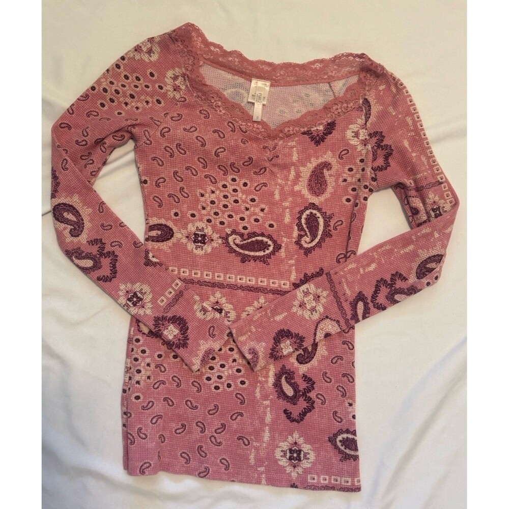 Pink Paisley Bandana Print Thermal Waffle Knit Top Lace Trim Western Coquette M